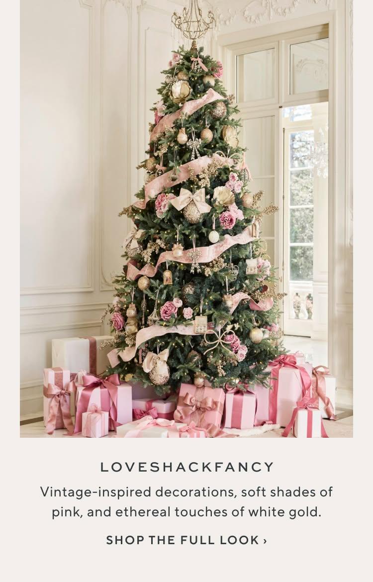 LoveShackFancy: vintage-inspired decorations, soft shades of pink, and ethereal touches of white gold. Shop the full look.